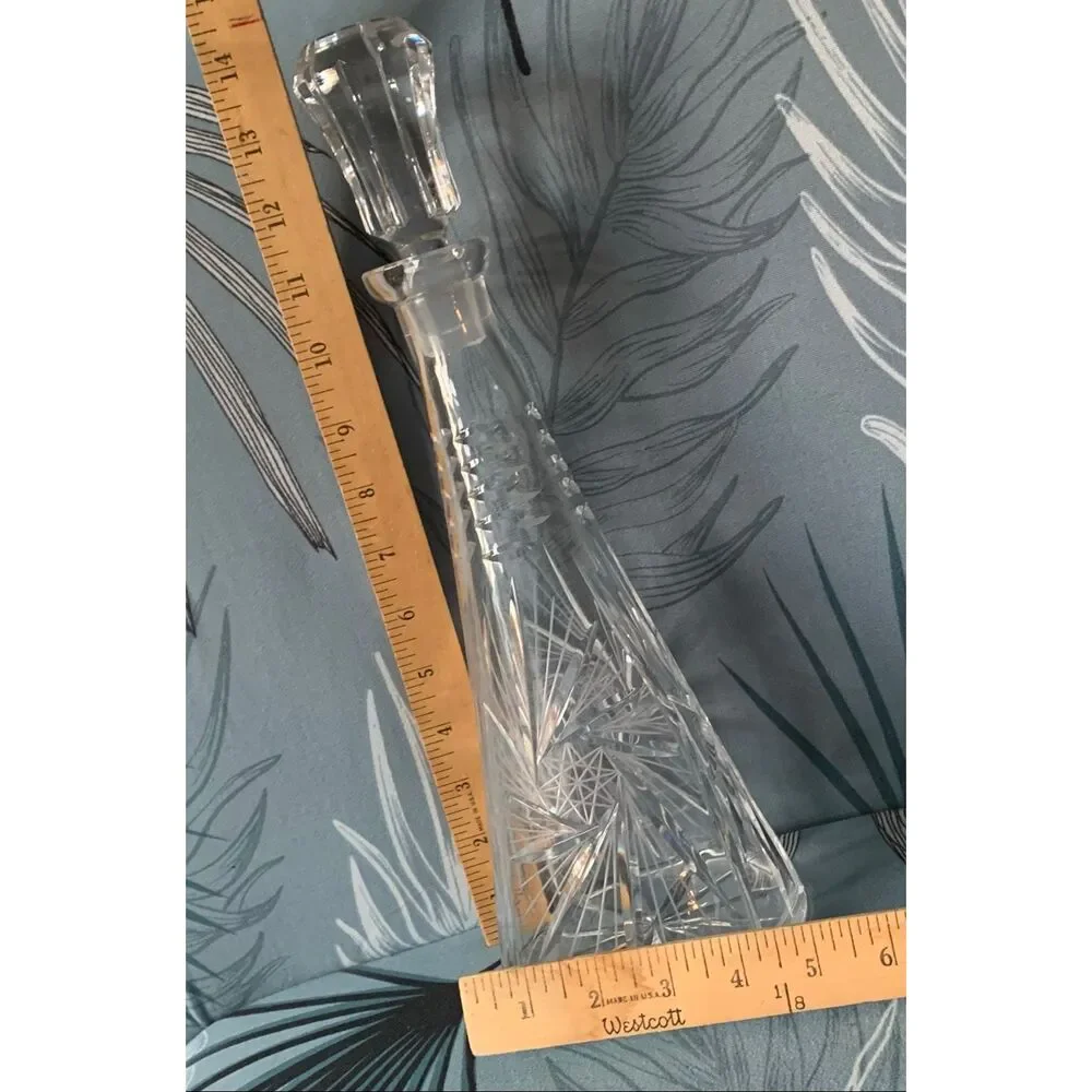 GLASS CRYSTAL Etched Cut to Clear Decanter Bottle with Stopper Top 14”